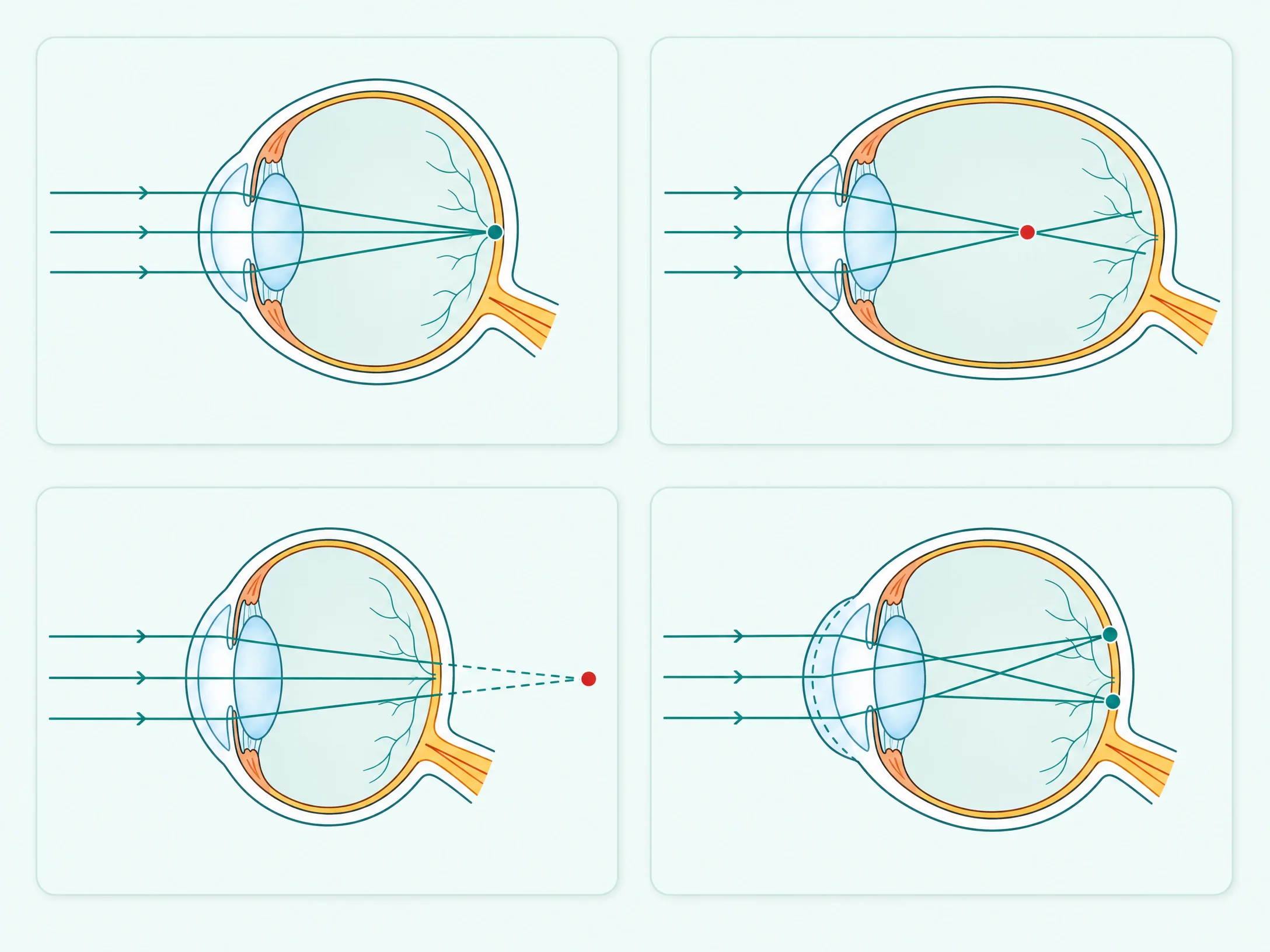 Diagram comparing normal focus, myopia, hyperopia and astigmatism