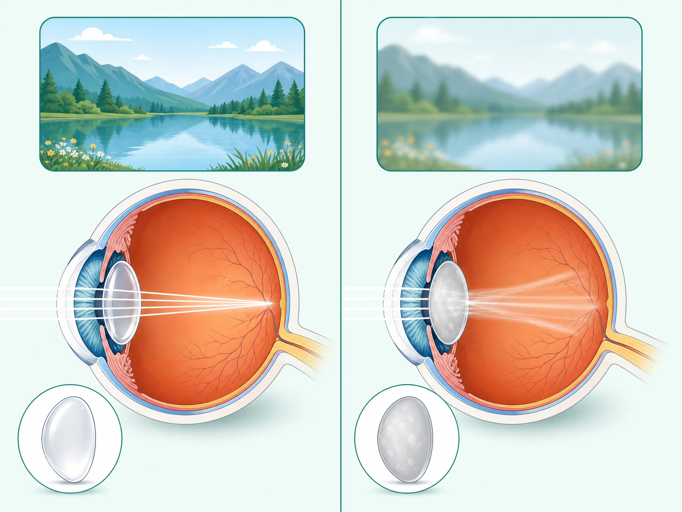 Comparison of an eye with a clear lens and an eye with a cataract