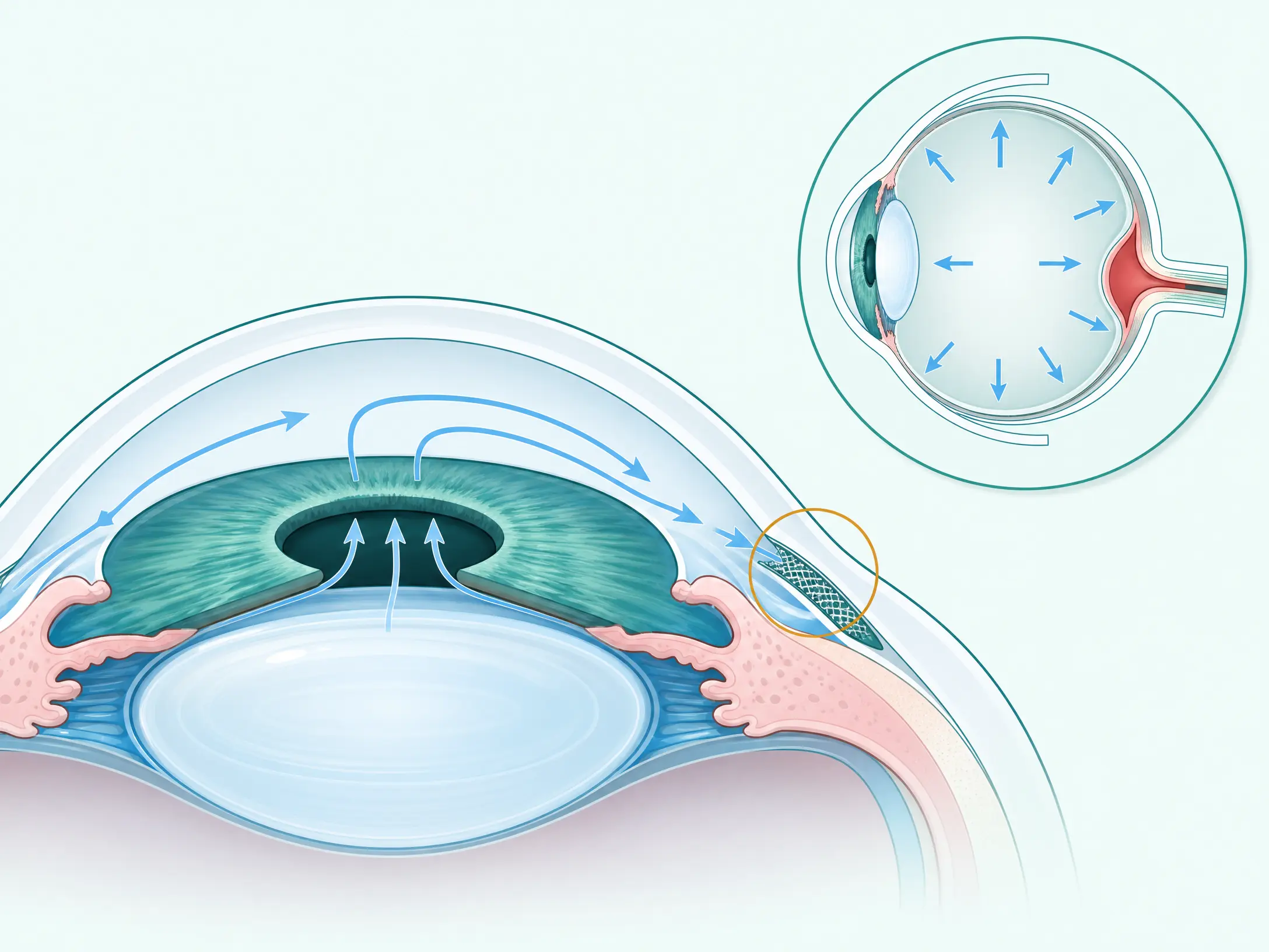 Diagram of eye fluid drainage and pressure affecting the optic nerve in glaucoma