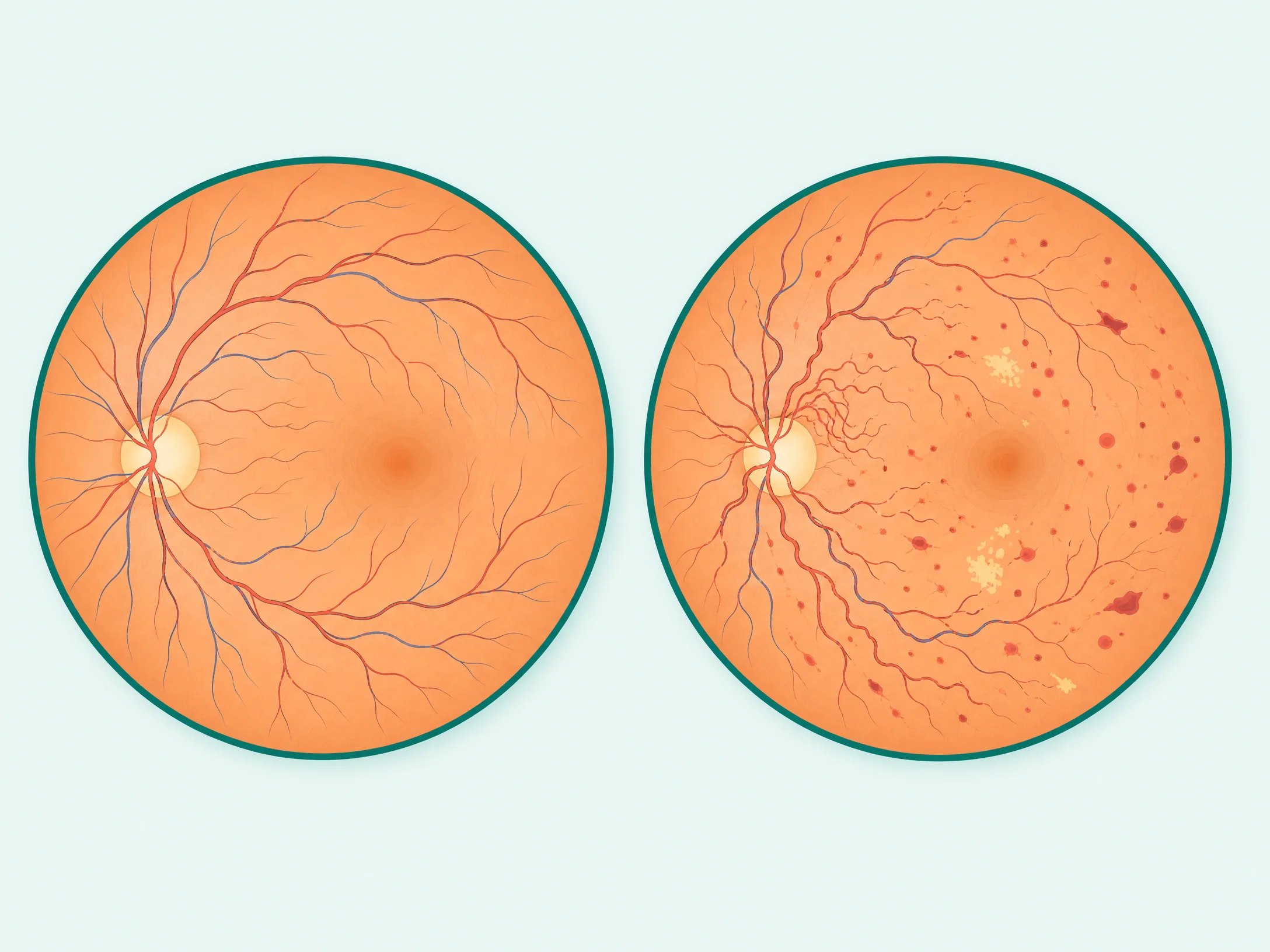 Comparison of a healthy retina and a retina with diabetic retinopathy