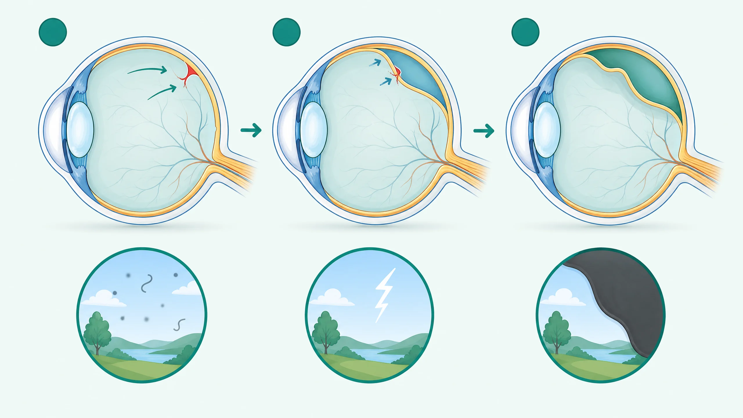 Diagram of retinal tear progressing to retinal detachment with warning signs