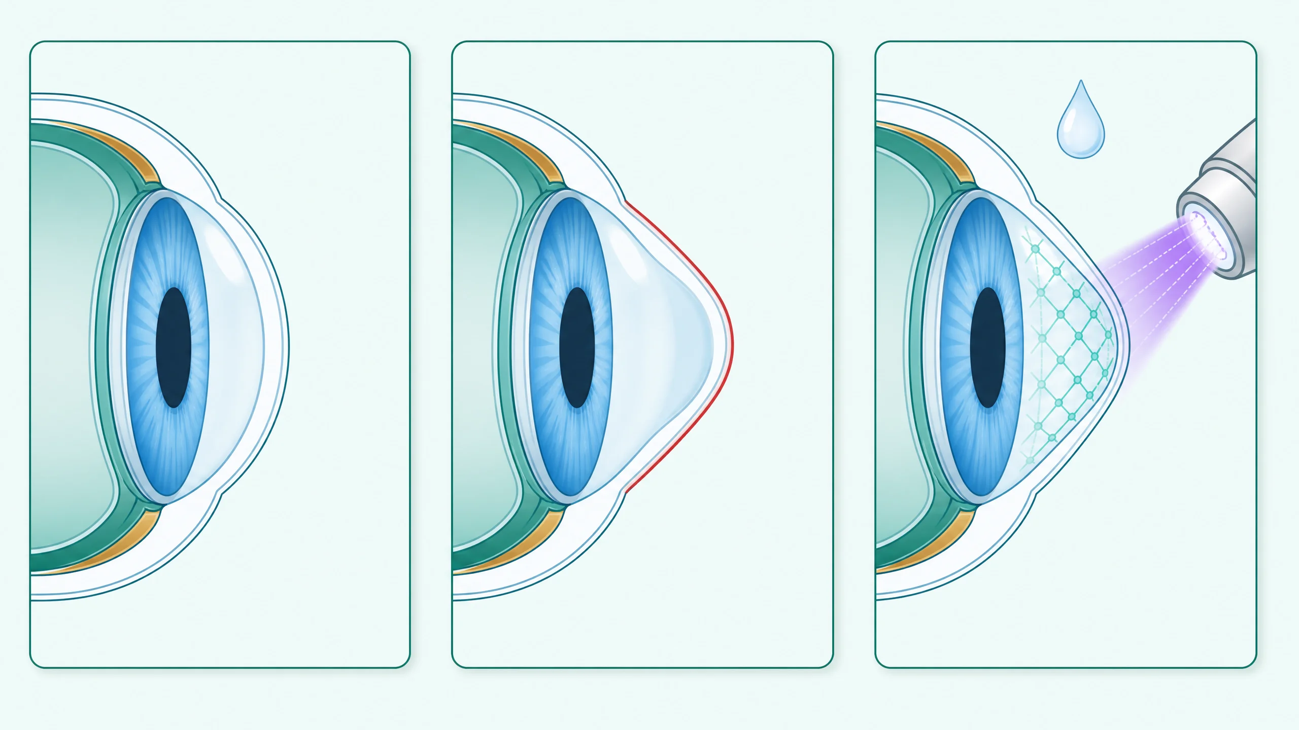 Diagram of a normal cornea, keratoconus, and corneal cross-linking treatment