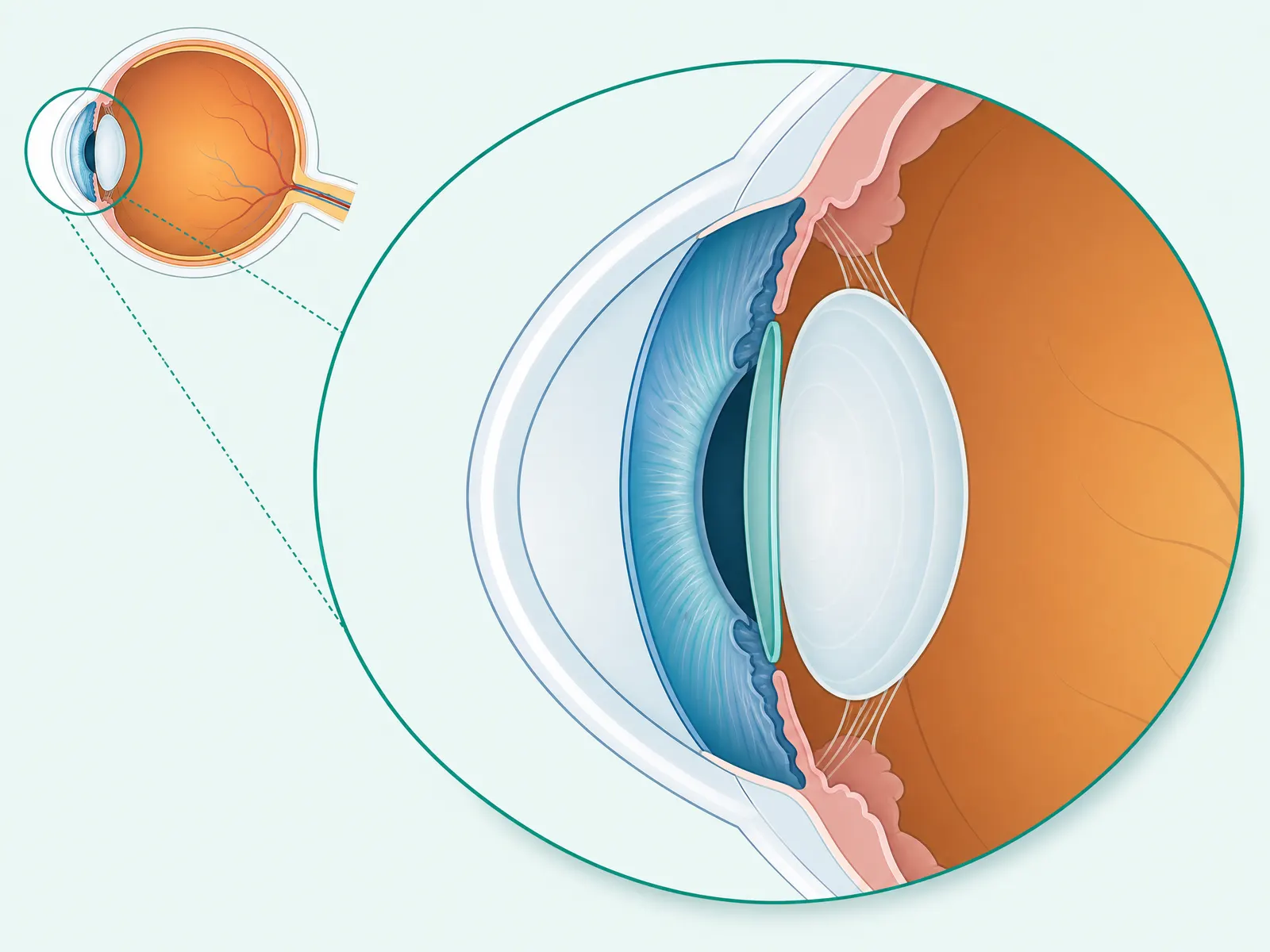 Diagram showing an implantable collamer lens positioned behind the iris