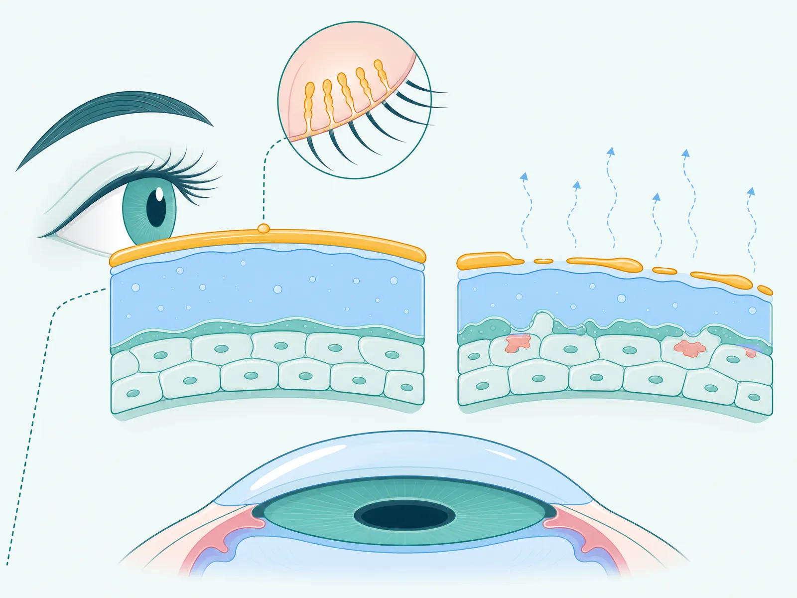 Diagram of the three tear film layers and an unstable tear film in dry eye