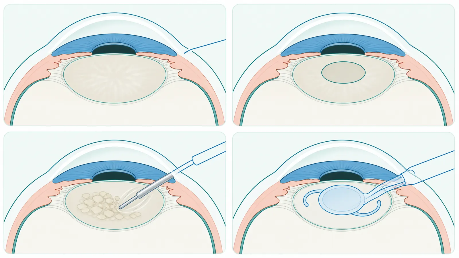 Four-step diagram of phacoemulsification cataract surgery with IOL implantation