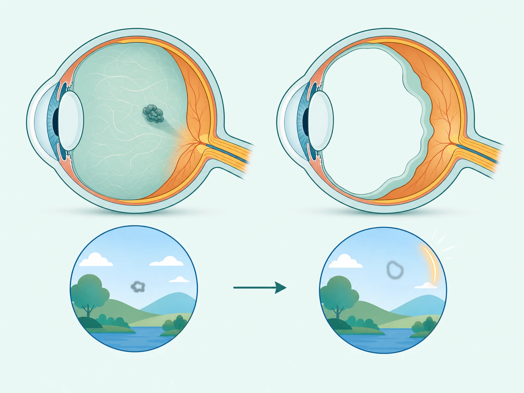 Diagram showing why floaters appear and what they look like