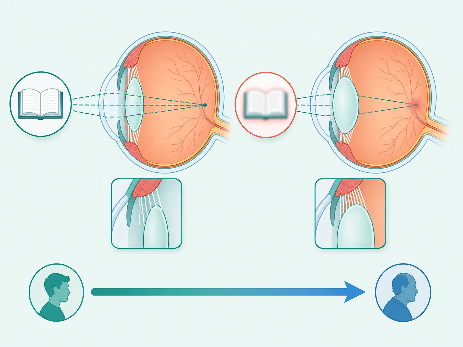 Diagram explaining age-related loss of near focus (presbyopia)