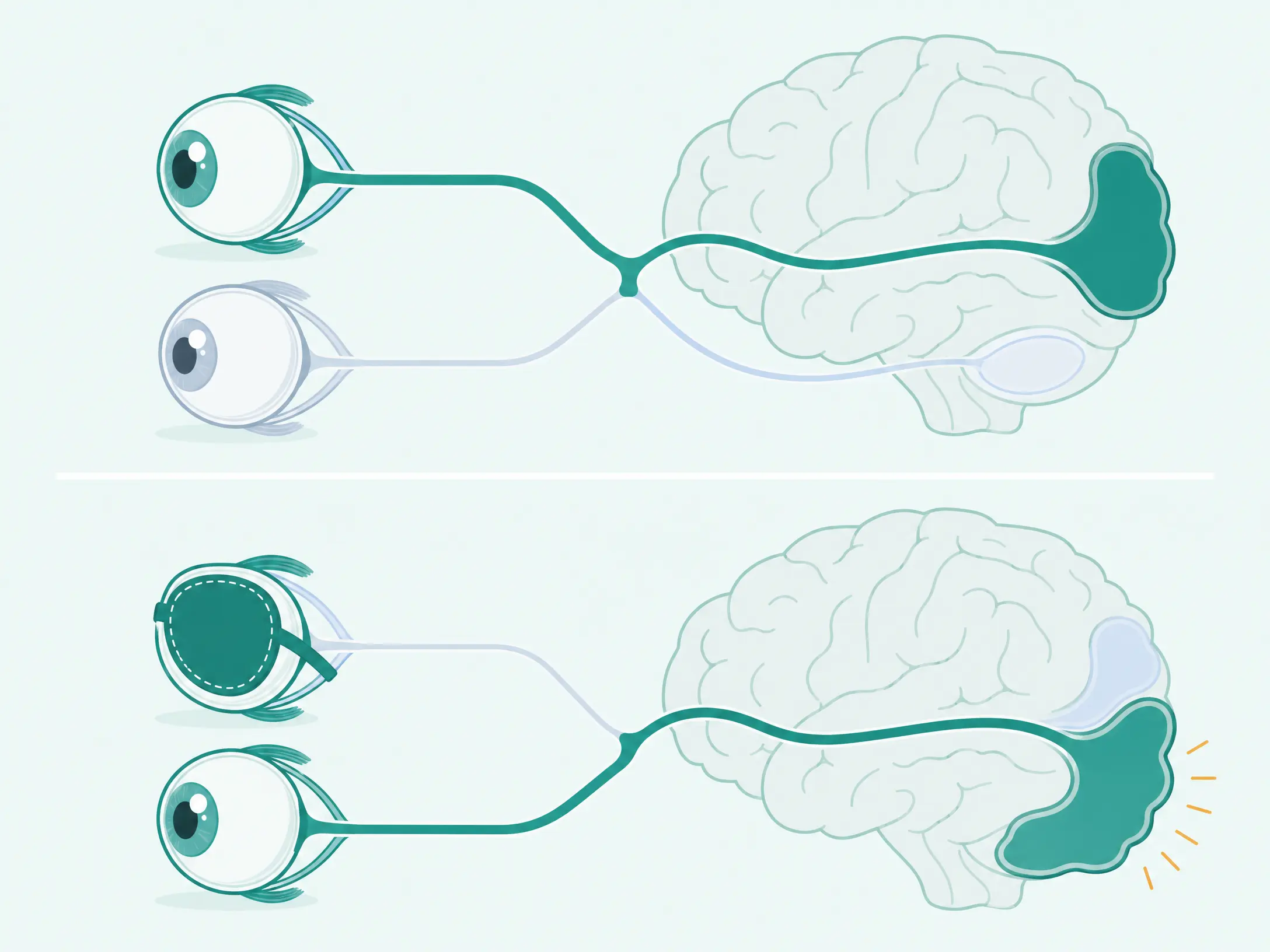 Diagram of amblyopia and patching therapy strengthening the weaker eye