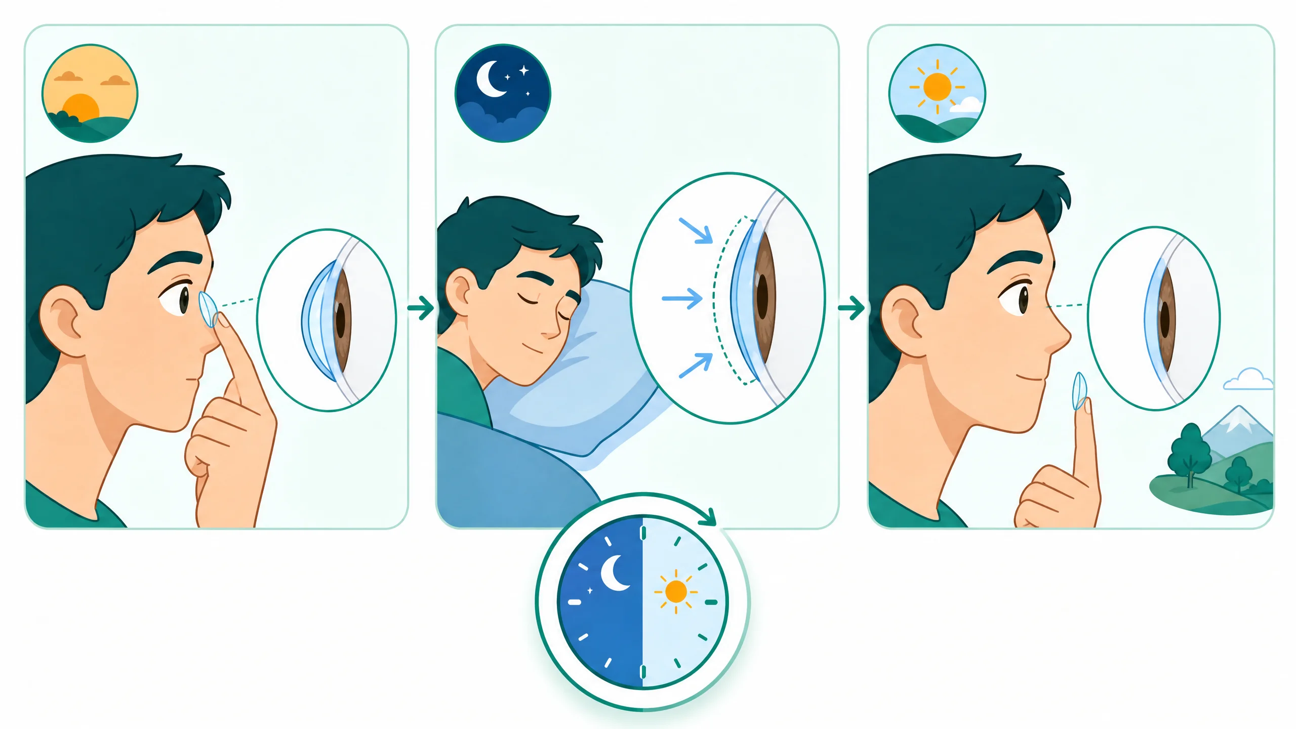Diagram of the overnight orthokeratology vision correction cycle