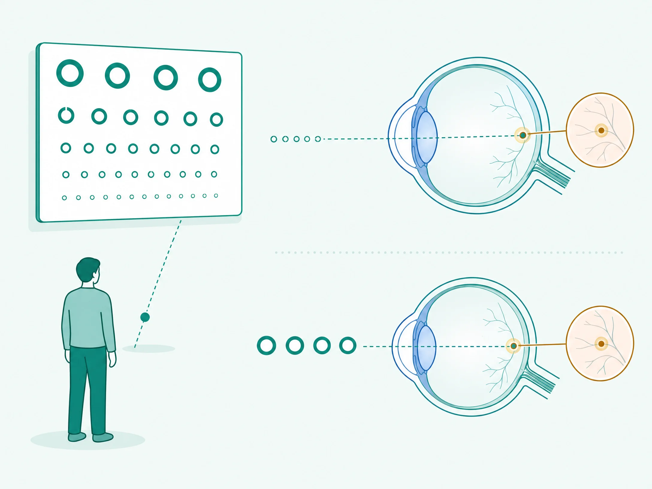 Diagram explaining how visual acuity is measured with a distance chart